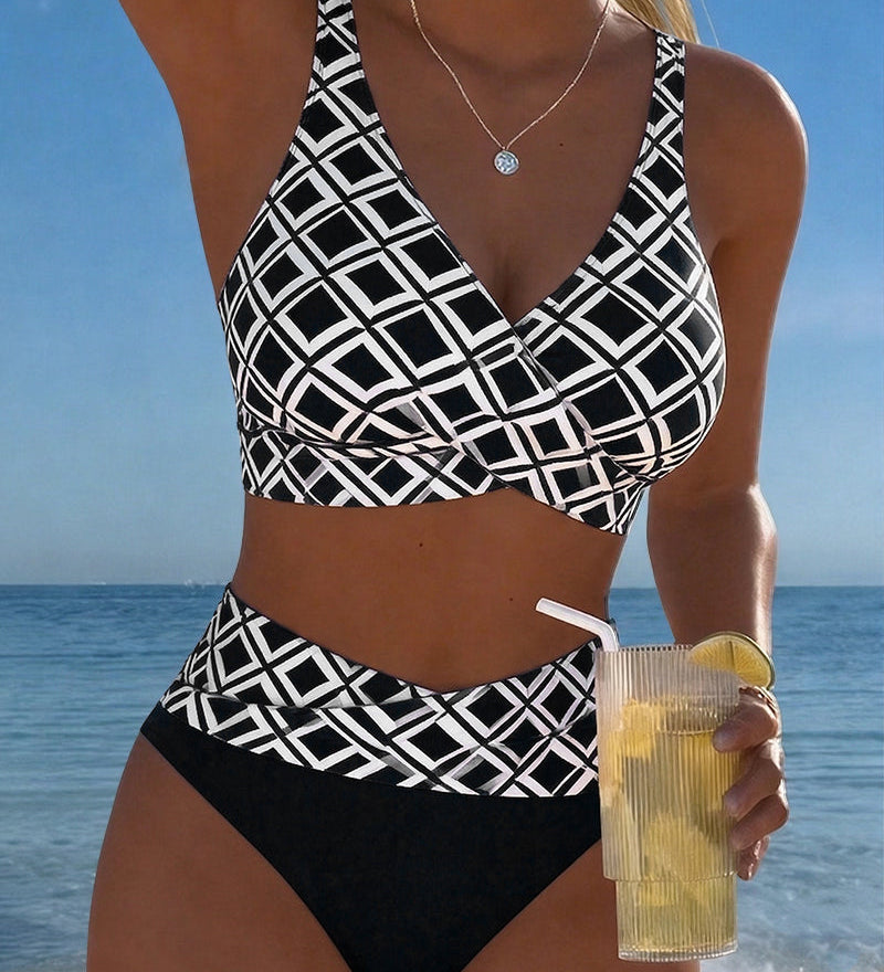 Dóra | Xadrez Mintás Bikini Magas Derekú Sutiánélküli Fazon